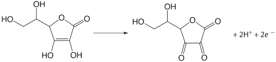  Ascorbic Acid converts the two bottom hydroxyl groups to ketones and reduces the alkene to an alkane. In this process, two hydrogens and two electrons are removed.