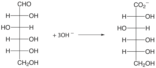 Fischer projection of glucose being reduced by reacting with 3(OH-) molecules.
