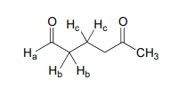 Molecule with two carbonyl groups, one Hydrogen A, two Hydrogen B's and two Hydrogen C's.