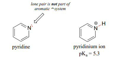 The lone pair on the nitrogen in a pyridine is not part of the aromatic system. Pyridinium ion has a pKa of 5.3.