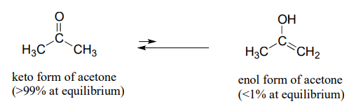 Keto and enol form of acetone. Large arrow going from enol form to keto form. Small arrow going from keto form to enol form. 