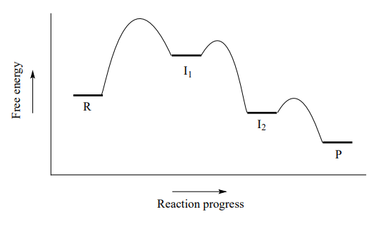 El diagrama de energía potencial tuvo tres estados de transición y cada intermedio y paso en la reacción toma cada vez menos energía.