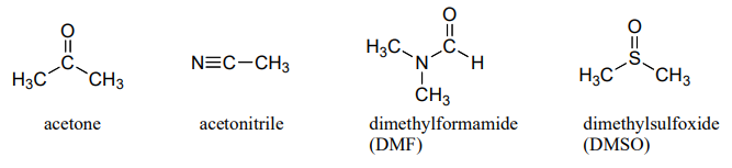 Algunos disolventes apróticos comunes son acetona, acetonitrilo, dimetilformamida (DMF) y dimetilsulfóxido (DMSO).