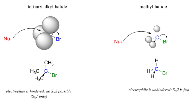 En un haluro de alquilo terciario los electrófilos se ven obstaculizados por lo que una reacción de SN2 no es posible solo SN1. En un haluro de metilo el electrófilo está libre de obstáculos, por lo que puede ocurrir una reacción de SN2 que es más rápida que una reacción de SN1.