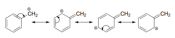 Estructuras de resonancia de una carga positiva deslocalizadas sobre tres carbonos diferentes en un anillo aromático.