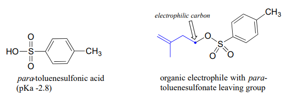 Bond line drawing of para-touluensulfonic acid on the left and organic electrophile with para-touleuenesulfonate leaving group on the right. 