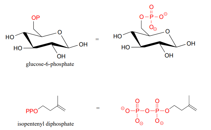 Chair conformation of glucose-6-phosphate and bond line drawing of isopentenyl diphosphate. 