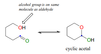 El grupo alcohol está en la misma molécula que el aldehído. A su vez forma acetal cíclico.
