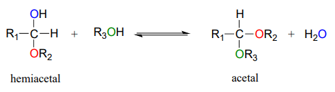 hemiacetal que reacciona con un alcohol para producir un acetal y agua.