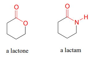 Una lactona tiene un oxígeno que reemplaza el carbono a la derecha del doble enlazado al oxígeno. Una lactama reemplaza el oxígeno unido por NH.