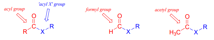 Grupo acilo, grupo formilo y grupo acetilo unidos a un grupo 'acil-X'. Los grupos R están a la izquierda del compuesto y resaltados en rojo mientras que el grupo acilo X está a la derecha del compuesto y resaltado en azul.