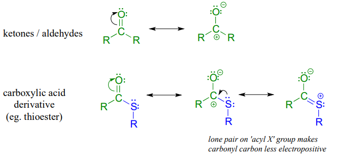 El piar solitario en el grupo acilo X hace que el carbono carbonilo sea menos electropositivo.