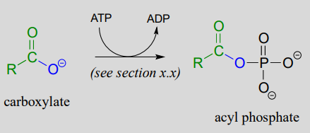 Carboxylate reacts with ATP to form ADP and acyl phosphate. 