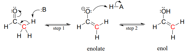 El acetaldehído forma un enolato que luego forma un enol.