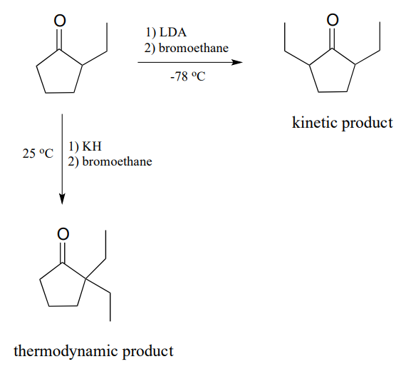 La 2-etilciclopentantona tiene un producto cinético y un producto termodinámico.