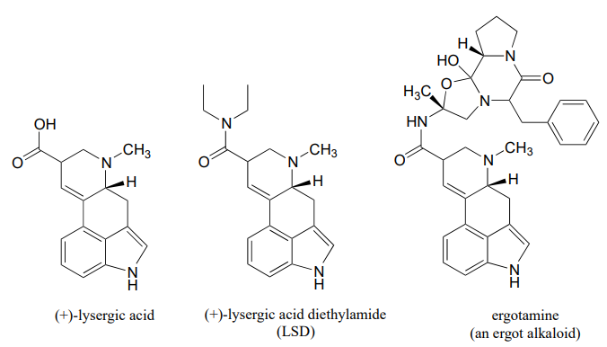 Left: (+)- lysergic acid molecule. Middle: (+)- lysergic acid diethylamide (LSD) molecule. Right: Ergotamine (an ergot alkaloid) molecule.