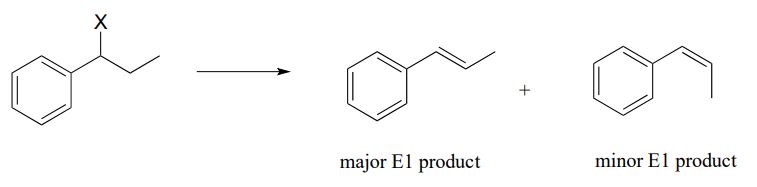Benceno con cadena carbonada con una X. Producto principal E1: trans alqueno. Producto menor E1: cis-alqueno.