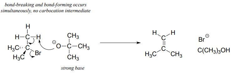 Strong base and alkyl halide react to form an alkene, an alcohol and a halogen anion. Text: bond-breaking and bond-forming occurs simultaneously, no carbocation intermediate.