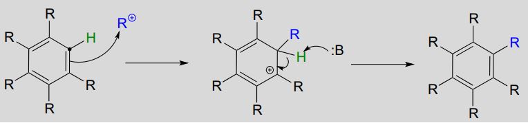 Benzene ring with 5 R-groups and one hydrogen. Double bond adjacent to the hydrogen attacks a R+ molecule. This forms a carbocation on the carbon next to the carbon with the new R group. A base attacks the extra hydrogen to reform the double bond.