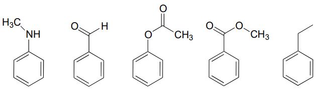 Cinco anillos de benceno con diferentes sustituyentes. De izquierda a derecha: amida, aldehído, cetona, éter, etilo.