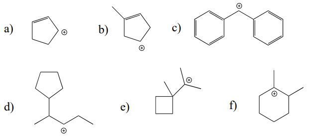 Six carbocations labeled a through f.