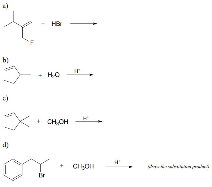 Cuatro reacciones con diferentes alquenos y reactivos marcados de la a a la d.
