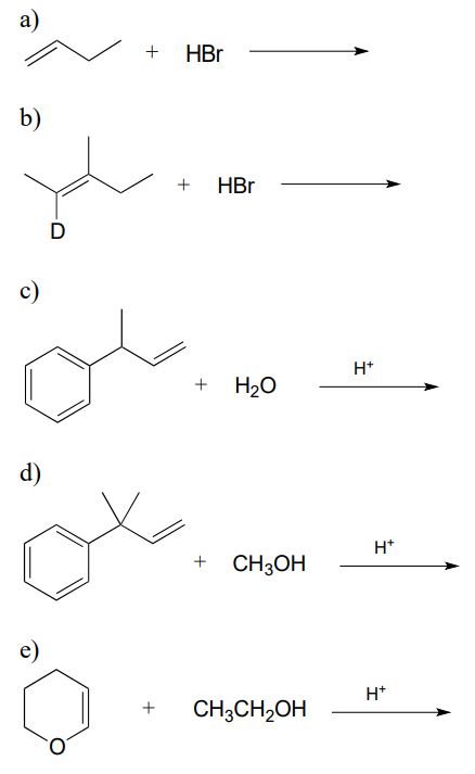 Five reactions with different alkenes and reactants labeled a through e.