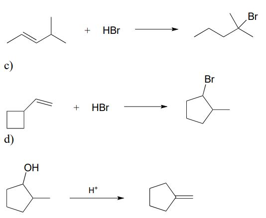 B: 2-methylpent-3-ene reacts with HBR to form 2-bromo-2-methylpentane. C: Cyclobutane with 1-ethene substituent reacts with HBR to form 1-bromo-2-methylcyclopentane. D: 1-hydroxy-2-methylcyclopentane reacts with H+ to form cyclopentane with one double bond substituent. 