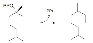 Molecule with PPO forms molecule with extra alkene. Arrow indicates loss of PPI.