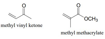 Left: methyl vinyl ketone molecule. Right: methyl methacrylate molecule.