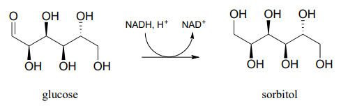 La glucosa reacciona con NADH y H plus para producir NAD plus y sorbitol.