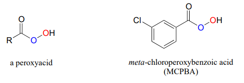 Bond line drawings of a peroxyacid and meta-chloroperoxybenzoic acid (MCPBA). 