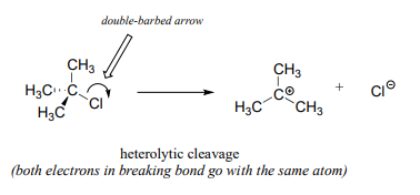 En una escisión heterolítica, se utilizan flechas de doble púas y ambos electrones en el enlace de ruptura van con el mismo átomo.