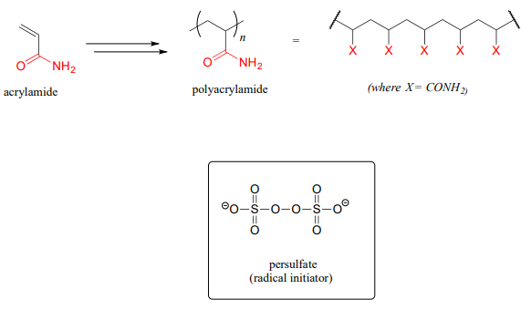 La acrilamina se convierte en poliacrilamida. El persulfato es el iniciador de radicales.