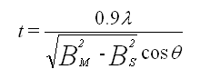 t = 0.9 lambda divided by the square root of B squared M - B squared S cosine theta.