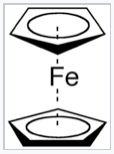 Dos anillos de ciclopentadienilo unidos en lados opuestos de un átomo central de hierro.