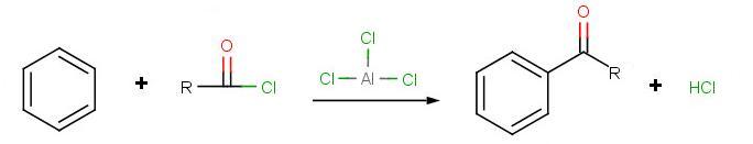 Benzene reacts with an acyl chloride with an aluminum chloride catalyst forming an acyl benzene and hydrochloric acid.