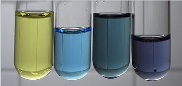 El estado de oxidación +5 tiene un color amarillo, +4 tiene un color azul claro, +3 tiene un color azul ligeramente más oscuro, y +2 tiene un color azul oscuro.