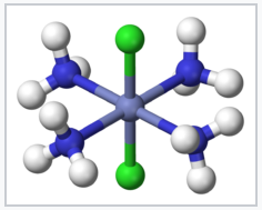 Model of a trans molecule. The two green atoms are positioned opposite of each other.
