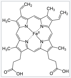 Heme b molecule. Chemical formula: C 34, H 32, O 4, N 4, F e