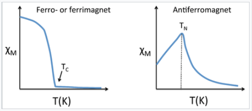 Dos gráficas que representan la susceptibilidad magnética vs Temperatura en Kelvin. Ferro- o ferrimagnético a la izquierda y antiferroimán a la derecha. Ferro o ferrimagnético comienza en su máximo y disminuye rápidamente hasta alcanzar la temperatura crítica donde la susceptibilidad es cercana a cero. El antiferroimán alcanza su máxima susceptibilidad en T N, donde el gráfico alcanza su punto máximo, y luego disminuye exponencialmente.