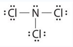 3 Cl's, each surrounded by 6 dots. 3 dashes connect each Cl to N, with two dots on top.