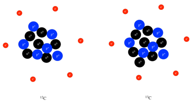 Izquierda: caricatura de un átomo de carbono-12. Derecha: caricatura de un átomo de carbono-13, mostrando neutrones extra.