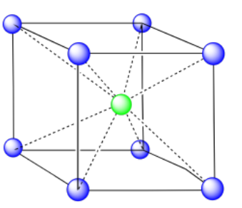 A cube composed of eight spheres at its corners and one sphere at its center.