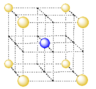 A cube with eight yellow spheres at its vertices and one blue atom at its center.