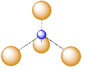 Four orange atoms arranged tetrahedrally with a blue atom at center.