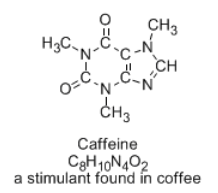 Structural formula of caffeine. Given is the chemical formula, C8H10N4O2.