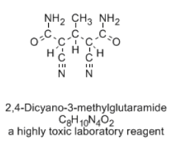 Structural formula of 2,4-dicyano-3-methylglutaramide, chemical formula C8H10N4O2.