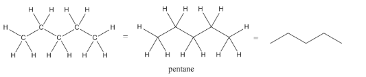 Fórmula estructural y estructura esquelética del pentano.