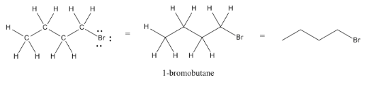Fórmula estructural y estructura esquelética del 1-bromobutano.